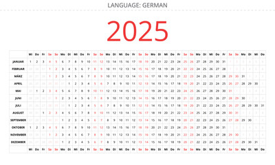 2025 year GERMAN linear calendar - kalender. Vector illustration for Germany. Days of month in a row