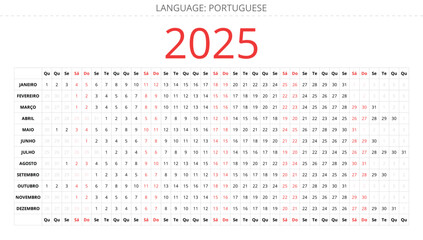 PORTUGUESE linear calendar for 2025 year. Printable template vector illustration Portugal