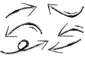 Set of black hand drawn grunge doodle spiral and curved charcoal, chalk arrows on white background. Scribble symbols of direction pointers, swirl arrow elements for infographic design