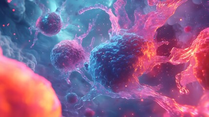 13. A dynamic illustration of cancer cells multiplying in a vibrant setting