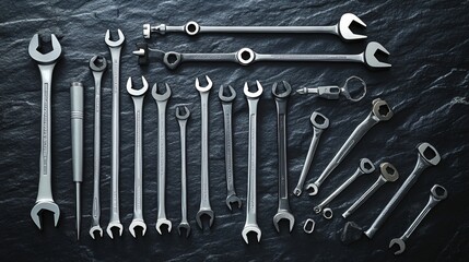 A collection of wrenches laid out on a black surface.