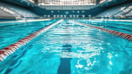 Obraz premium A modern Olympic-sized swimming pool filled with crystal-clear turquoise water, with sleek lane dividers and empty bleachers in the background.