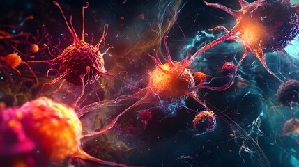 Obraz premium 13. A dynamic illustration of cancer cells multiplying in a vibrant setting