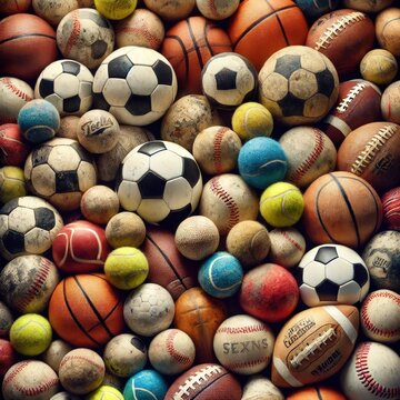 various sports balls of different shapes, sizes, and wear conditions. new vs old pile includes well-worn baseballs with dirt and scratches 300dpi