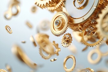 Golden Gears of Time, an exploded view of a golden clock, gears floating in mid-air, precise and detailed