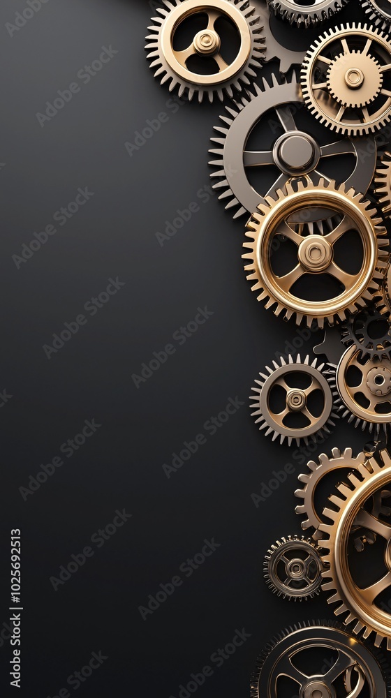 Poster a vertical composition featuring golden gears aligned in perfect harmony, emphasizing the concept of