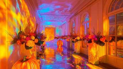 Luxury party room with dynamic video mapping, creating a rich, colorful atmosphere
