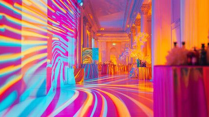 Colorful video mapping lights up an elegant, luxurious party room in a spectacular way
