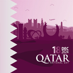 Fototapeta premium Beautiful Qatar National Day 18th December 2024 Banner Background with Doha City Skyline, Landmarks and Desert Illustration. Beautiful Qatar Background, Events, Tourism, Calendar.Vector Illustration. 