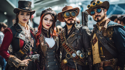 Steampunk-themed cosplay group posing with elaborate costumes featuring goggles, steam-powered weapons, and Victorian-style attire at Comic-Con