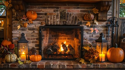 A cozy old fashioned brick fireplace burns and is surrounded by fall decorations and pumpkins