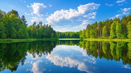 Obraz premium A peaceful lake surrounded by vibrant green trees reflects a flawless blue sky with soft, white clouds, evoking a sense of environmental serenity.