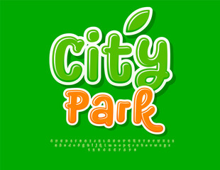 Vector fresh banner City Park Playful Glossy Font. Funny Green Alphabet Letters and Numbers set