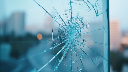 Close-up of shattered glass with intricate cracks and blue tones, artistic view.