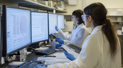 Obraz premium Researchers analyzing genetic sequences on large screens, utilizing bioinformatics tools to map and edit genomes in a sterile laboratory environment