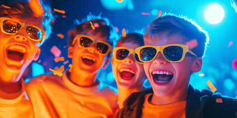 Obraz premium Boys with glasses smile and celebrate together in a festive, joyful party setting 