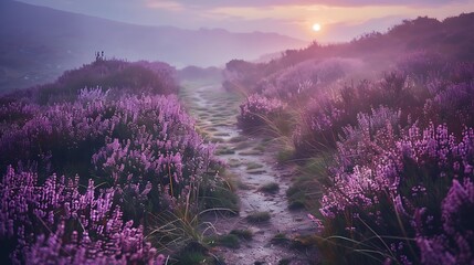 Fototapeta premium A path through blooming heather at sunrise