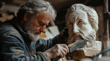 Master stone carver working on a hand-carved statue, blending ancient techniques with modern tools in an outdoor workshop