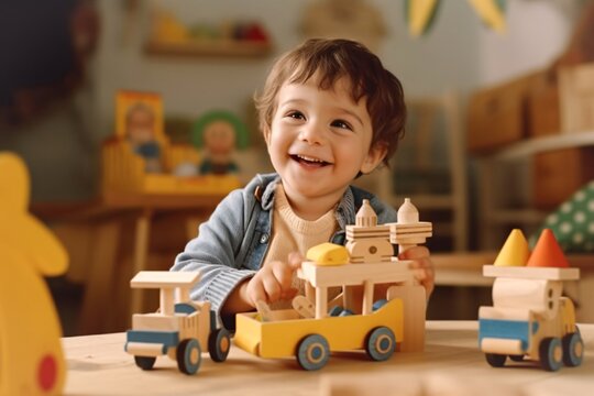 Cute little kid playing with wooden toys