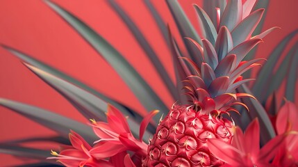 a red pineapple is blooming and growing and pineapple leaves are red and green