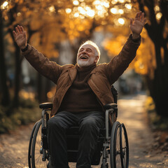 an old disabled man happy in the park in autumn with his wheelchair