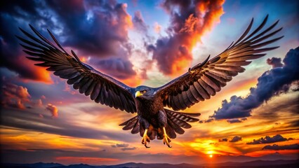 Obraz premium Majestic Black Bird of Prey Soaring in the Sky with Powerful Wings and Intense Gaze, Nature's Ultimate Predator