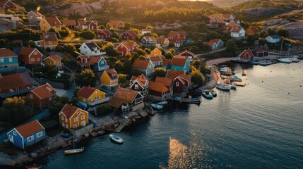 Colorful Houses on Rocky Coastline with Boats at Sunset