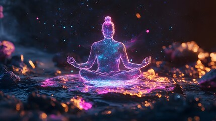 43. A floating hologram of a person meditating, surrounded by cosmic elements