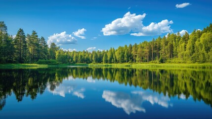 Fototapeta premium A serene lake mirrors the vibrant green trees and clear blue sky, with fluffy clouds above, creating a tranquil scene of natural harmony