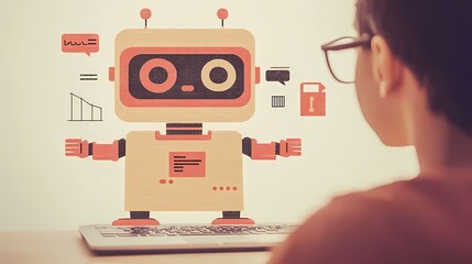 Boy observing a colorful cartoon robot while engaging with technology.