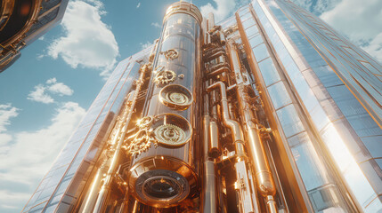 Futuristic steampunk skyscraper with brass gears, copper pipes, and glass panels, blending Victorian and sci-fi aesthetics
