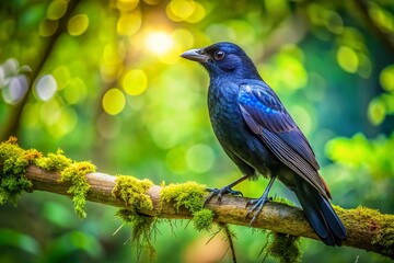 Fototapeta premium Majestic Black Clover Bird Perched on a Branch in a Lush Green Forest Under Clear Blue Skies