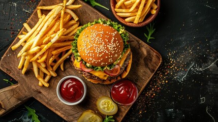 Overhead Shot of a Mouth-Watering Hamburger with Fresh Vegetables and Melted Cheese, Rustic Wooden Cutting Board