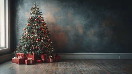 A Christmas tree decorated with red and silver balls and a garland with warm light. Under the tree are presents wrapped in red wrapping paper with gold and white ribbons.copy space