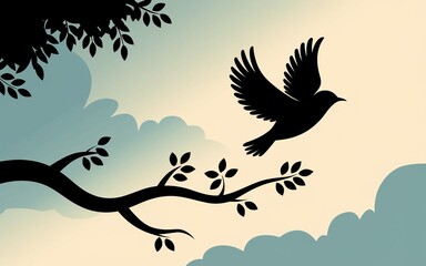 Obraz premium Silhouette of a bird in flight, tree branch with leaves
