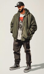 Man in green jacket and black sneakers.