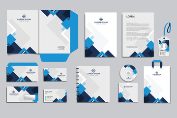 office business stationary set with white color background vector design with letter head envelop folder id card notepad dvd cover usb paper clip pen pencil cups business card shopper