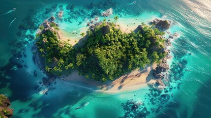 Aerial View of a Tropical Island with Palm Trees and a Sandy Beach