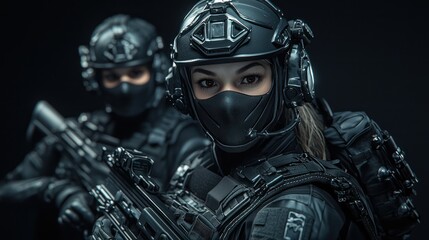 Fototapeta premium Elite Female Bodyguard in Tactical Gear Protecting High-Profile Client with Focus and Ready Stance