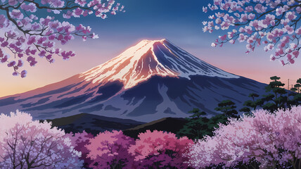 An anime-style illustration of Mount Fuji at sunrise