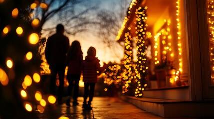Fototapeta premium Family stroll through a beautifully lit holiday neighborhood