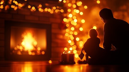 Cozy holiday evening by the fireplace with child and gifts