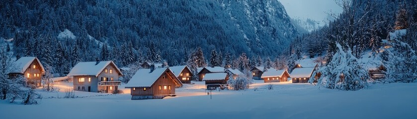 Fototapeta premium Cozy snow-covered village at dusk with glowing lights, nestled in a valley surrounded by forested mountains. Winter serenity captured beautifully.