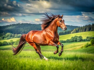 Obraz premium Majestic Brown Horse Galloping Through Green Field in Beautiful Landscape Capturing the Essence of Freedom and Grace