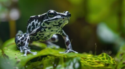 Fototapeta premium Black and White Poison Dart Frog Perched on a Green Leaf