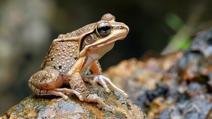 Obraz premium Close-up of a Brown Frog with Green Eyes Perched on a Damp Log