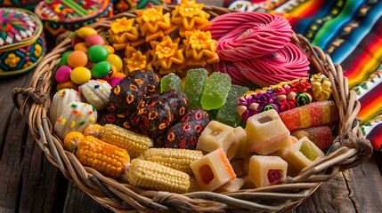 Beautiful basket holding variety of mexican candies