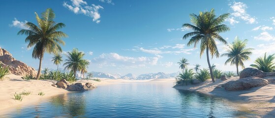 A serene desert landscape featuring palm trees beside a calm blue water lake, under a clear blue sky with soft clouds in the distance, evoking tranquility and natural beauty.
