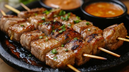Closeup of Grilled Meat Skewers with Green Onions.