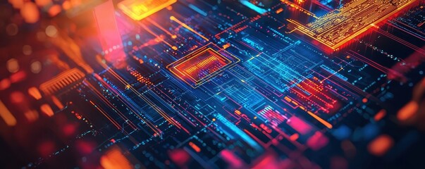 Obraz premium Abstract digital circuitry design with vibrant colors representing modern technology, innovation, and connectivity in a futuristic environment.